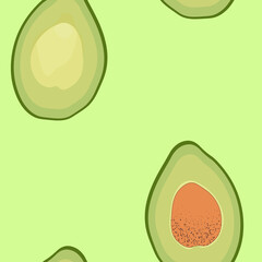 Avocado on a green background. Seamless pattern. Bright cartoon illustration.
