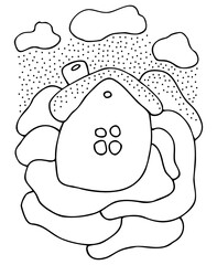 Winter cozy house, falling snow in doodle style