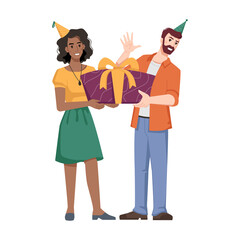 Guy in hat gives gift with bow to afro american girl in cone shape holiday cap isolated flat cartoon characters. Vector husband and wife, surprise on birthday party, valentines day, anniversary