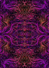 Vintage Psychedelic Trippy Colorful Fractal Pattern. Gradient outline neon purple, orange colors, isolated on black.