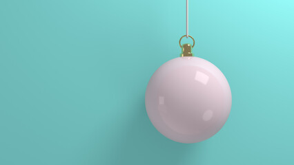 Merry Christmas and new year background with a hanging white and glossy Christmas ball against a greenish background. Copy space available for your content. 