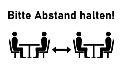 Bitte Abstand halten ("Please Keep Your Distance" in German) Social Distancing Warning Sign with Keep a Safe Distance between the Tables in Cafe or Restaurant Icon. Vector Image.