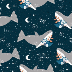 Dolphins in the night space sky with stars, vector illustration seamless pattern