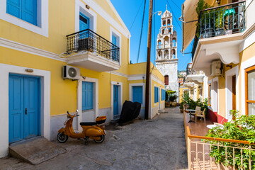 Symi Island street view in Greece.