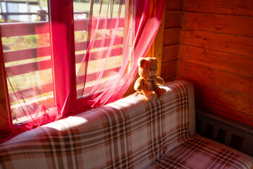 teddy bear on the sofa by the window