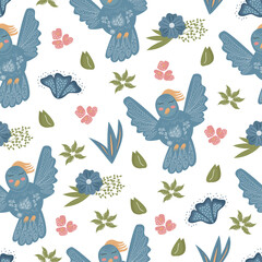 Blue birds, floral seamless pattern. Vector illustration.