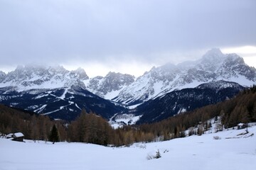 The largest rock sundial in the world Sesto and Val Fiscalina /Fischleintal in winter scenery. Dolomites, Italy, Puster Valley / Alta Pusteria, South Tyrol.