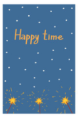 Greeting card Christmas and New Year card with sparklers. Vector illustration in flat style.