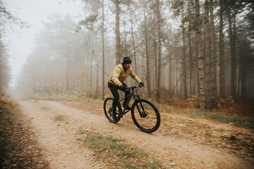 Obraz premium Young man biking through autumn forest