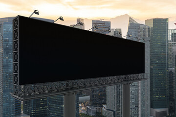 Blank black road billboard with Singapore cityscape background at sunset. Street advertising poster, mock up, 3D rendering. Side view. The concept of marketing communication to sell idea.