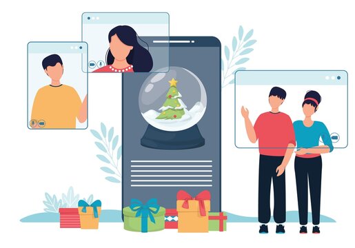 Online Christmas celebration snow globe and people phone screen.