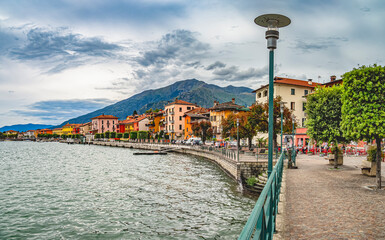 View of the lakefront of the town of Gravedona, on Lake Como