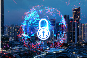 Glowing Padlock hologram, night panoramic city view of Kuala Lumpur, Malaysia, Asia. The concept of cyber security to protect KL companies. Double exposure.