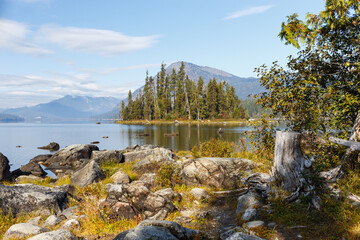 Emerald Island View in Lake Wenatchee State Park from the shore during the Autumn season
