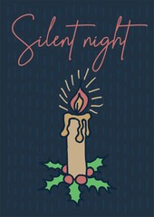 Burning candle with holly and Silent Night lettering on dark blue textured background. Simple flat cartoon vector winter greeting card