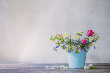 spring flowers in blue bucket on white background