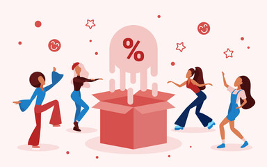 Discount sales offers celebration vector illustration. Cartoon happy female characters dance and celebrate big retail sales in store, shop or fashion boutique, loyalty program for buyers background