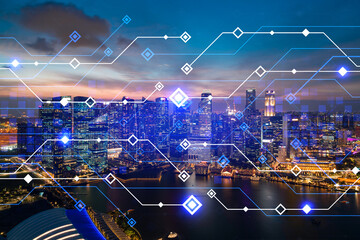 Glowing hologram of technological process, aerial panoramic cityscape of Singapore at sunset. The largest innovative hub of tech services in Asia. Multi exposure.