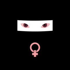 Vector illustration of female eyes enclosed in a white box on a black background, next to the symbol of the feminist struggle. Detail shot of Arab woman illustration.
