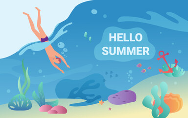 Hello summer concept vector illustration. Cartoon swimmer man character swimming in sea or ocean, exploring underwater sea bottom with fishes, corals, ship anchor. Summertime adventure background