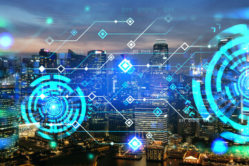 Glowing hologram of technological process, aerial panoramic cityscape of Singapore at sunset. The largest innovative hub of tech services in Asia. Multi exposure.
