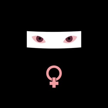 Vector illustration of female eyes enclosed in a white box on a black background, next to the symbol of the feminist struggle. Detail shot of Arab woman illustration.