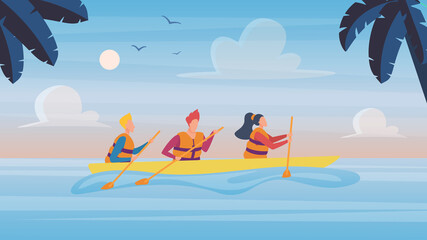 People in kayaking tour in tropical nature landscape vector illustration. Cartoon man woman characters, sitting in boat, traveling in kayak. Outdoor rafting, boating, summer adventures background