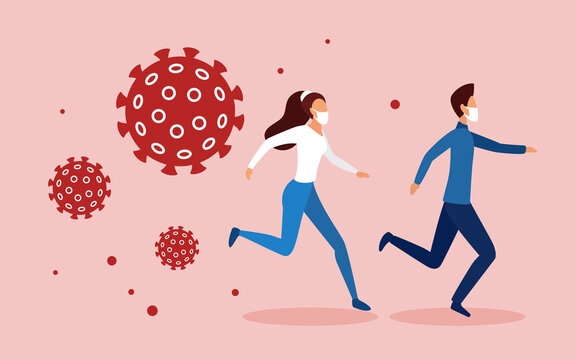 People Run Away From Aggressive Danger Scary Coronavirus Covid19 Cells Concept Vector Illustration. Cartoon Man Woman Couple Characters Running In Panic Fear, Virus Pathogens Catching Up Background