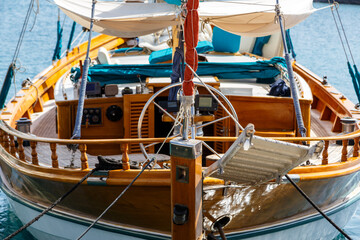 eautiful wooden sailboat docked in port close up. Blur. Color, europe, Greece, Rhodes