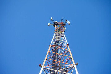 Telecommunication tower. Digital wireless connection system. Development of communication systems in urban areas. Modern Business Communication Concept.