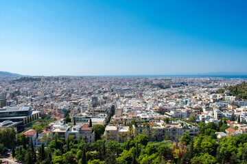 Fototapeta premium Athens, Greece : Aerial view of City Center and buildings from Acropolis, High angle view of Town