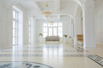 beautiful stylish chic rich clean bright blank interior. high white walls with large windows from floor the pattern on the floor