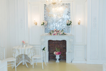 beautiful stylish chic rich clean bright blank interior. high white walls with large windows from floor the pattern on the floor