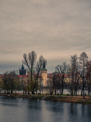 View on Prague's Old Town from across the Vltava River on an autumn evening