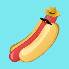 Vector illustration of hot dog on blue background. Cartoon foods. Funny illustration. Food logo. Food cover.  Hot dog poster. Hot dog icon. Fast-food. Snack. Food label. Advertising. Fun poster.