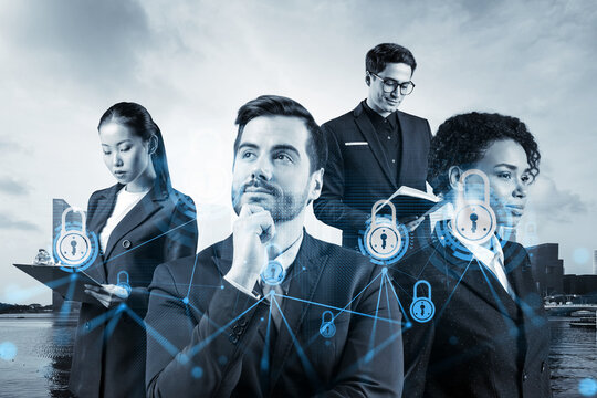 Group of business colleagues as a part of multinational corporate team working on project to protect clients information at cybersecurity compliance division. IT lock icons over Singapore