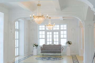 beautiful stylish chic rich clean bright blank interior. high white walls with large windows from floor the pattern on the floor