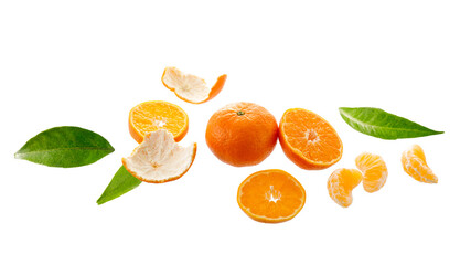 Fresh ripe mandarins or tangerines with peel, slices and leaves isolated on white background. 