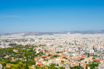 Athens, Greece : Aerial view of City Center and buildings from Acropolis, High angle view of Town