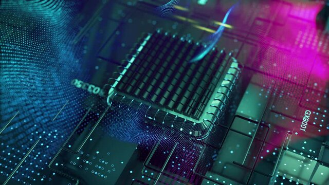 Virtual data transfer futuristic computer technology CPU processor on database circuit board. 3D video loop abstract background.
