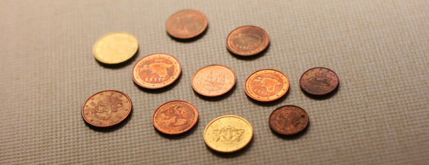 Photo of euro coins and cents on grey background. Money consept. Banner size