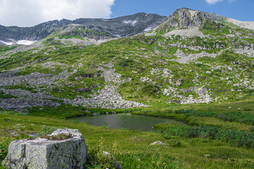 Fototapeta na wymiar Rock ridge with snow and stone placers under blue sky. Summer trip to mountain valley. Atmospheric alpine landscape with stony meadow with green grass.