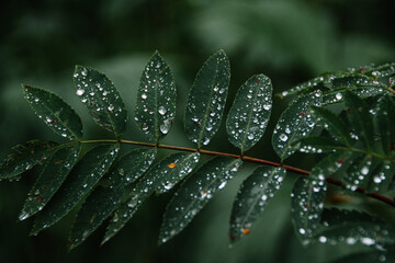 Dew drops on green leaves. Raindrops on broad leaves in dark forest