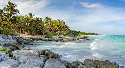 tropical beach with palms - Riviera Maya, Yucatan, Mexico
