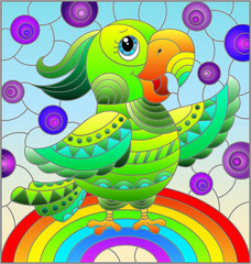 Illustration in stained glass style with abstract cute bright parakeet on a sky background with rainbow 