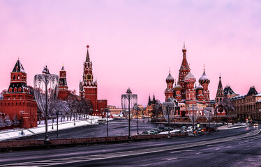 The morning views of the Moscow Kremlin and St. Basil's Cathedral with Moskvoretsky bridge. Russia