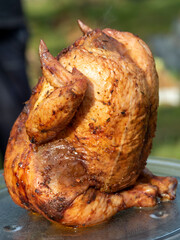 close-up of a bright juicy chicken in spices cooked on the grill entirely. Blurry green background. vertical images
