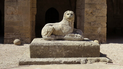 Lion statue made of Lardos stone, Archeological Museum of Rhodes. Rhodes, Greece