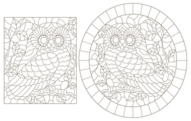 Set of contour illustrations of stained glass Windows with cute cartoon owls on tree branches, dark outlines on a white background