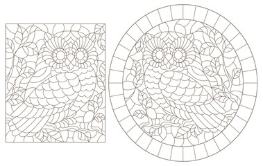 Obraz premium Set of contour illustrations of stained glass Windows with cute cartoon owls on tree branches, dark outlines on a white background